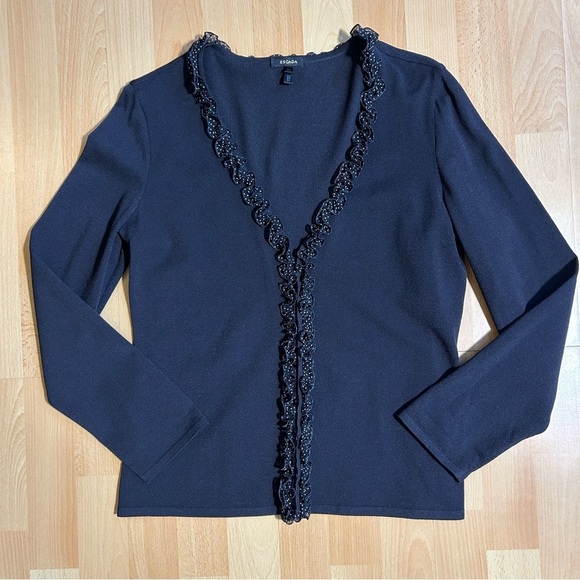 Escada Black Button Up Stretch Cardigan with Black and White Polka Dot Ruffles - Picture 1 of 10